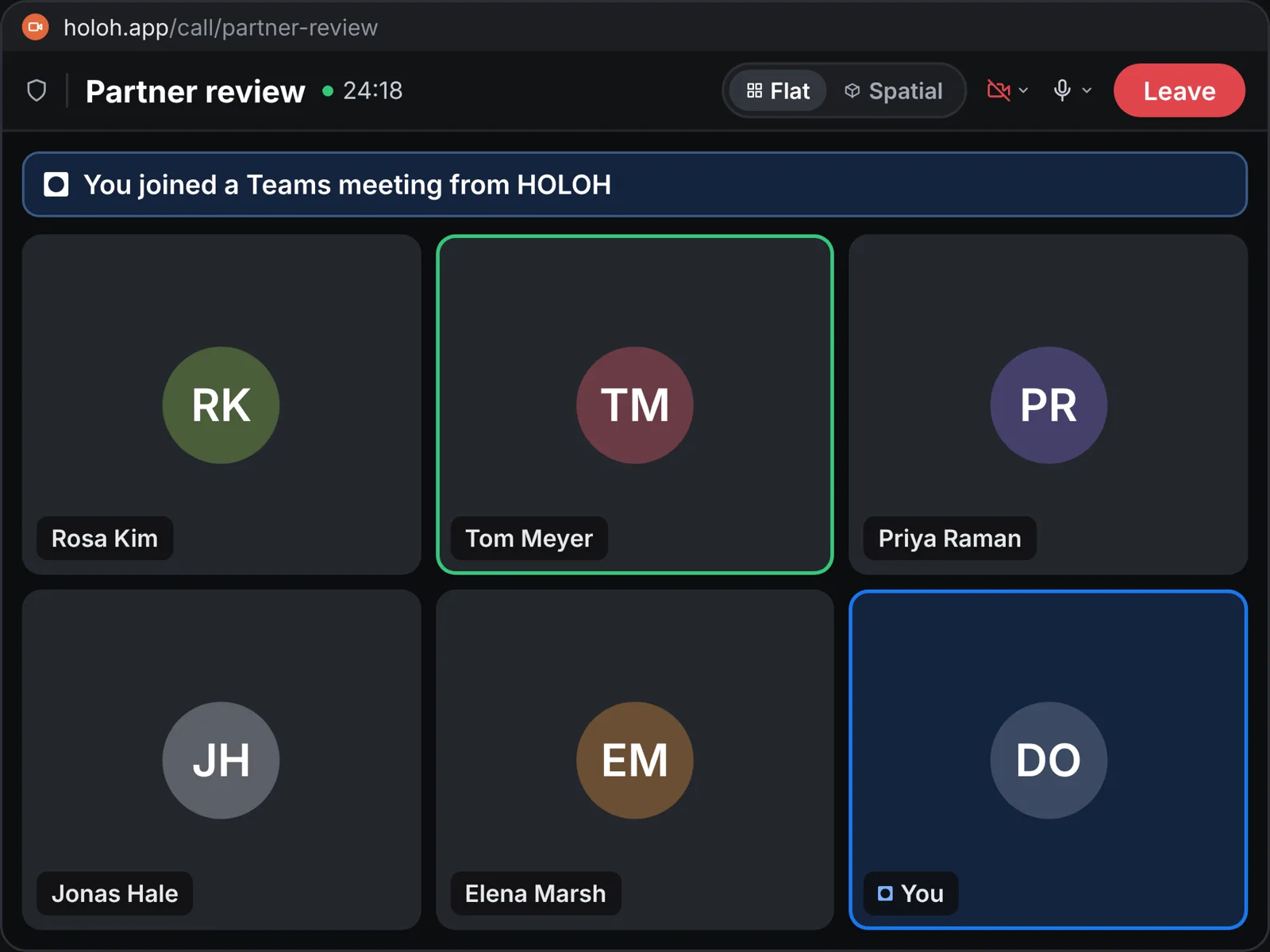 A Teams meeting joined from HOLOH, shown in a grid